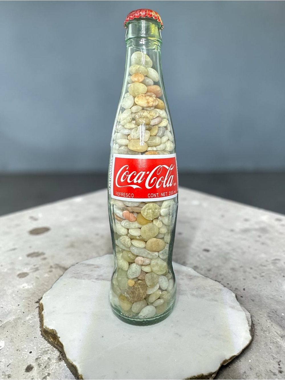 Cape May Diamonds in 12 oz Coke Bottle & filled with Mixed Quartz Pebbles